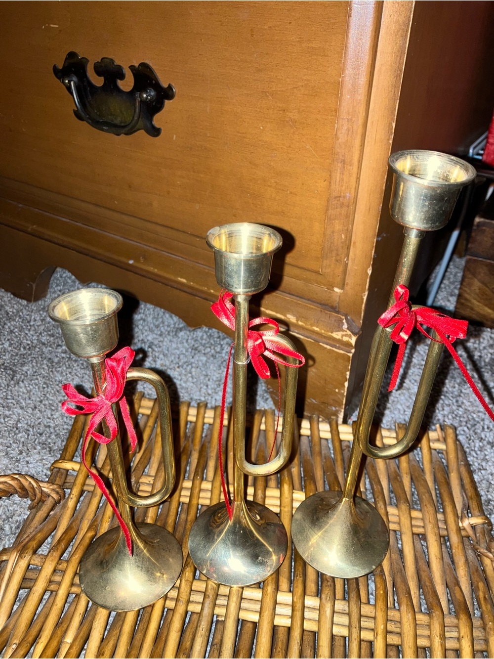Set of 3 Brass Trumpet Candle Holders with Red Ribbon Accents